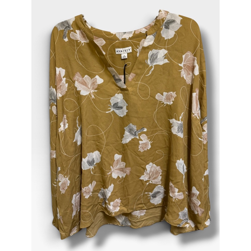 Ava & Viv Mustard Floral Split Neck Blouse Plus Size 4X NWT